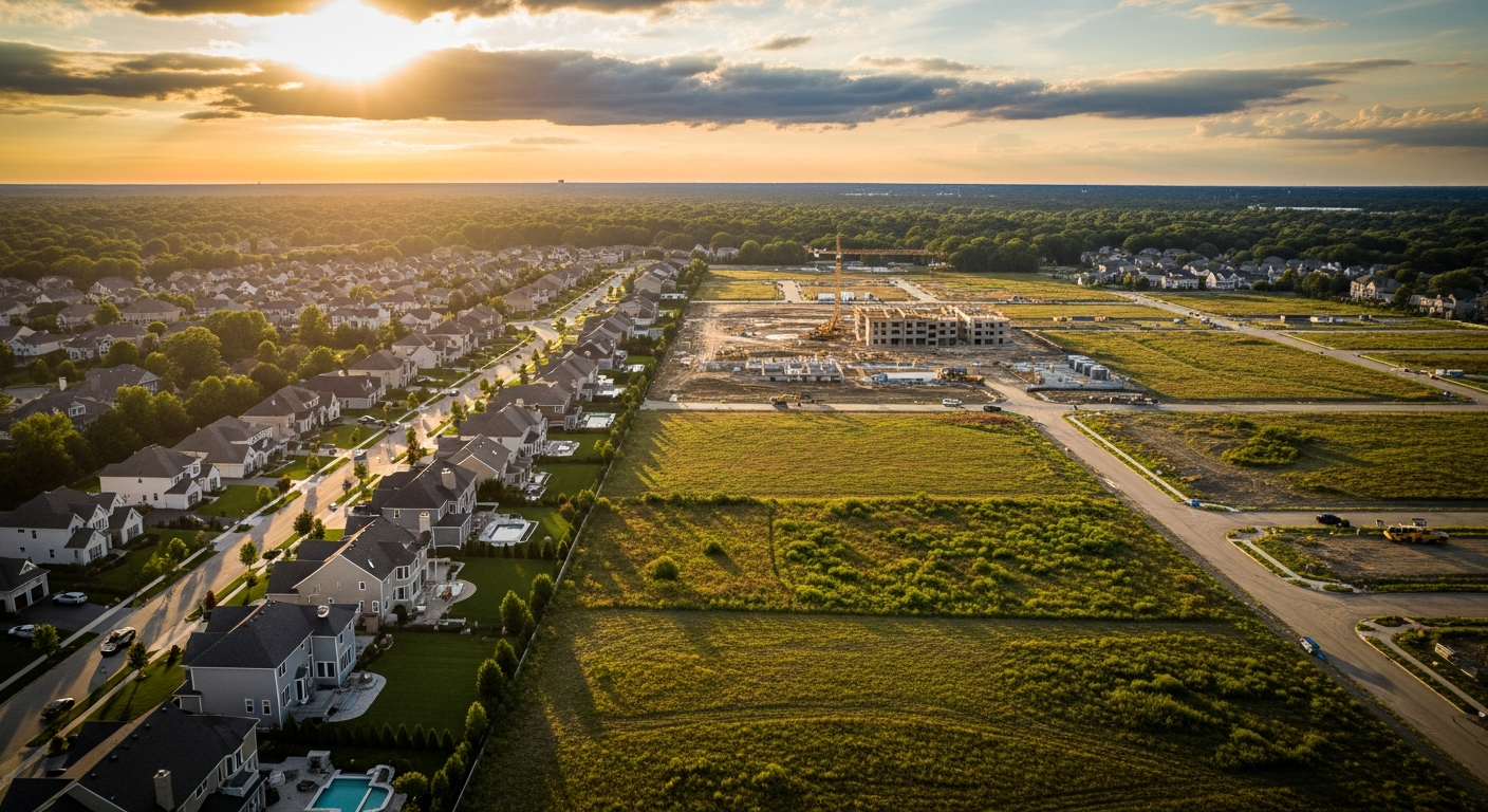 Aerial view of New Jersey neighborhoods transitioning to raw land