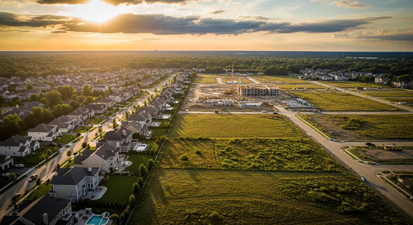 Aerial view of New Jersey neighborhoods transitioning to raw land
